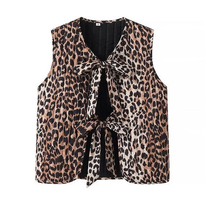 Women's European And American Style Leopard Print Vest Leopard Quilted Vest Sleeveless Tie Front Shirts Vest Cardigan Trendy Streetwear