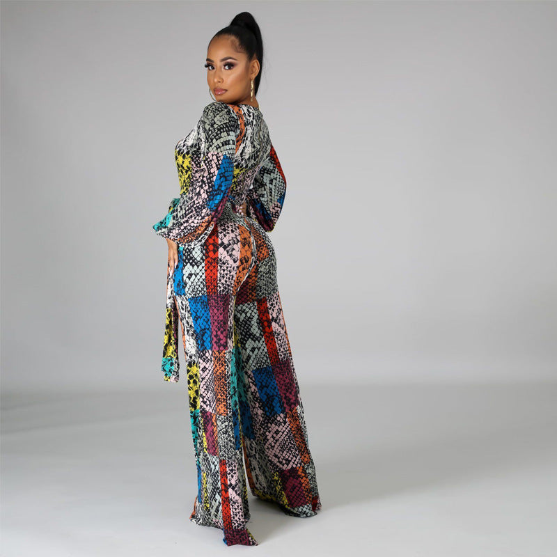 Fashion Printed Flared Long-sleeved Jumpsuit Wide Leg Pants