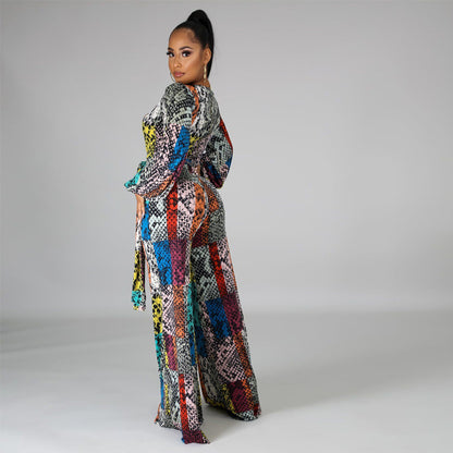 Fashion Printed Flared Long-sleeved Jumpsuit Wide Leg Pants