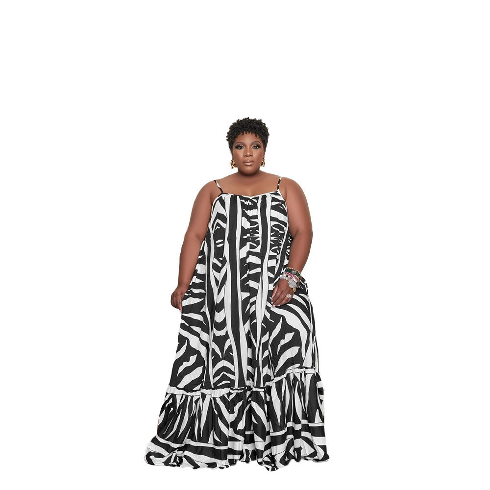 Printed Large Size Slimming Dress Strap French Tea Break Skirt