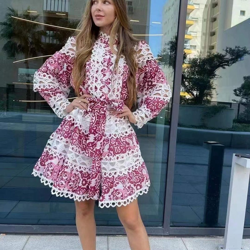Retro Heavy Industry Elegant Printed Hollow Stand Collar Long Sleeve Dress
