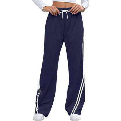 European And American Loose Straight Wide-leg Pants Stripes Lace Up Casual Sweatpants