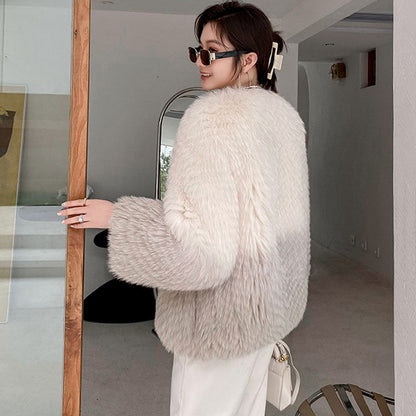 Fashionable Women's Gradient Color Fur Warm Jacket