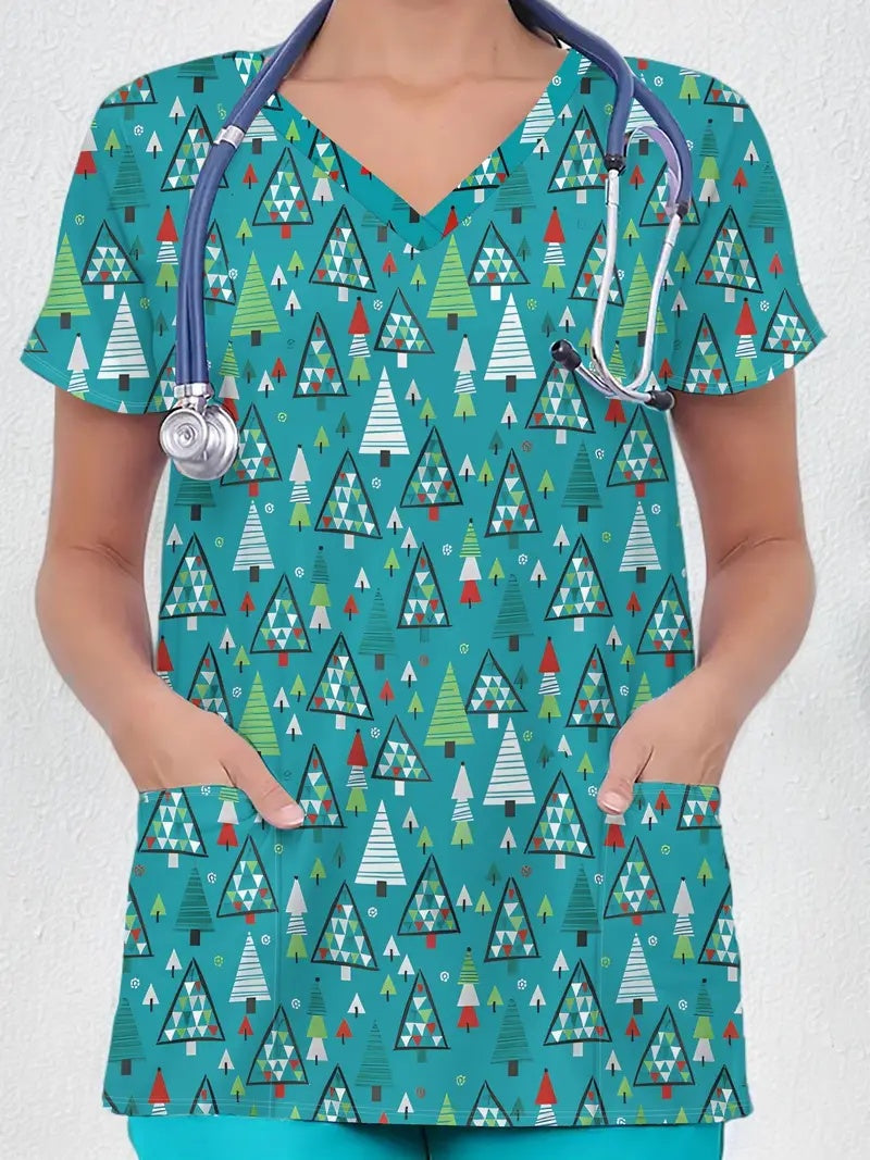 Plus Size Women's Vibrant Print Scrub Top Casual V-Neck Short Sleeve