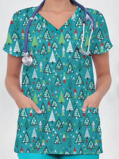 Plus Size Women's Vibrant Print Scrub Top Casual V-Neck Short Sleeve