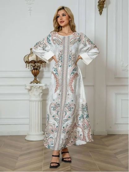 Elegant Floral Print Long Sleeve Abaya Dress