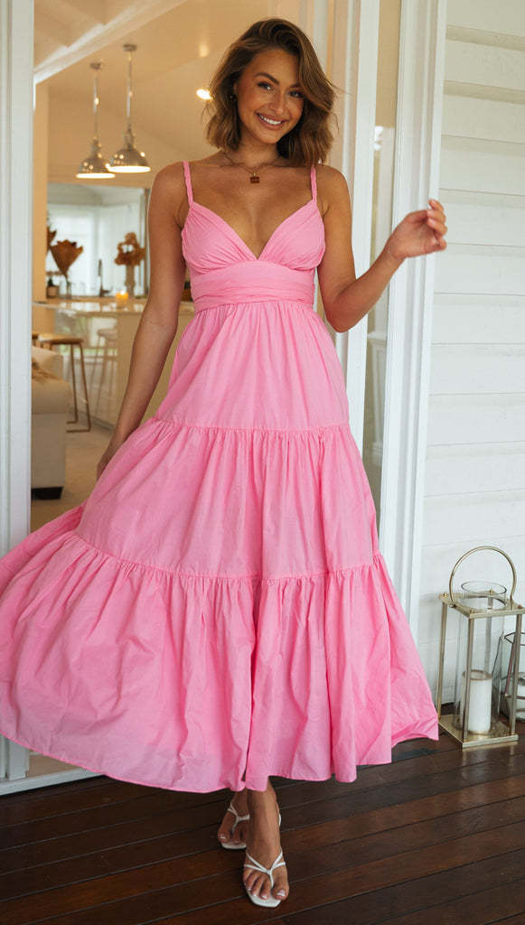 Solid Color V-neck Suspender Stitching Large Swing Long Dress