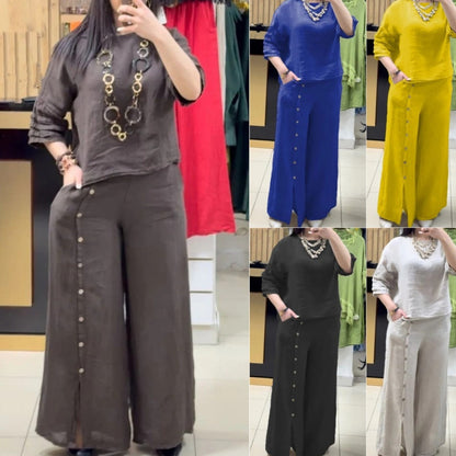Women's Fashion Casual Loose Solid Color Cotton Linen Short Sleeve Shirt Two-piece Pants Long