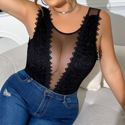 Black Hot Girl Rhombus Lace Slim Fit Patchwork European And American Style Lace Sexy Siamese Top