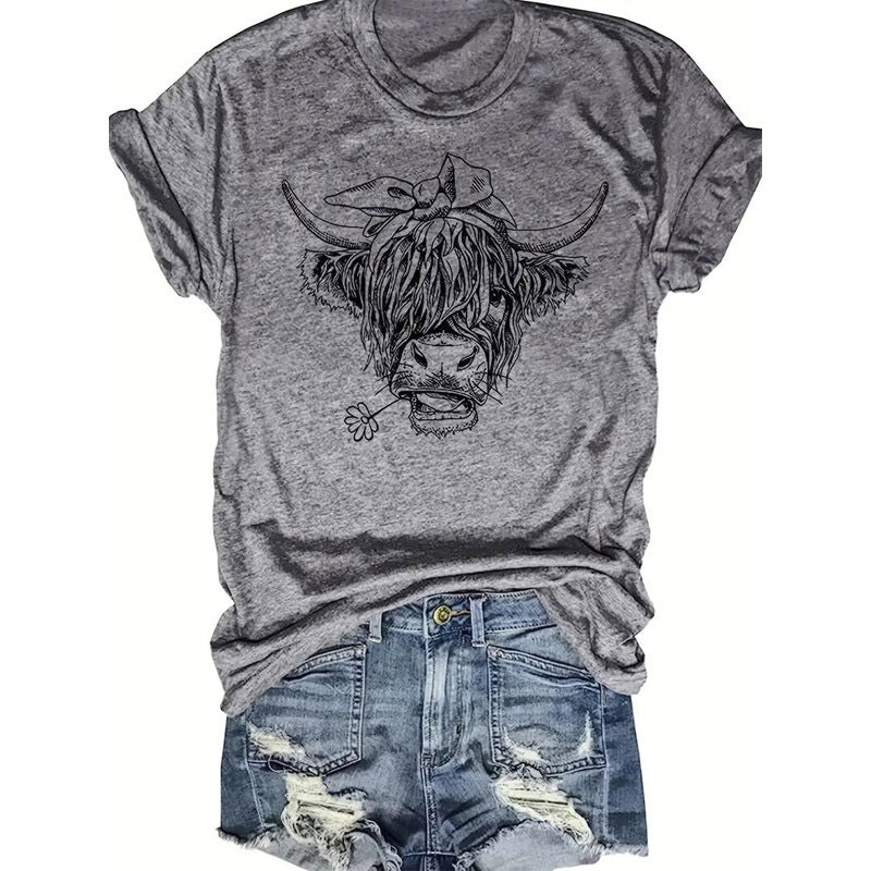 Women's Bull Head Print Short Sleeve T-Shirt Casual Crew Neck Summer Graphic Tee