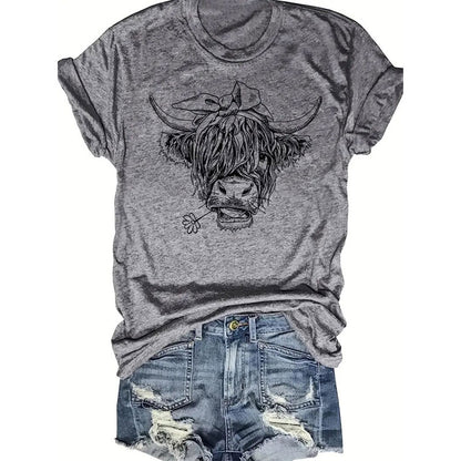 Women's Bull Head Print Short Sleeve T-Shirt Casual Crew Neck Summer Graphic Tee