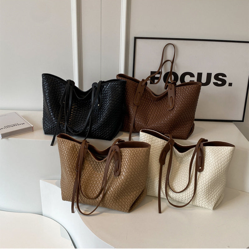 Large Capacity Woven Shouder Bgas Women Versatile Retro Textured Solid Color Totes