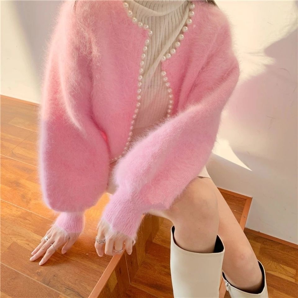 Korean Style Solid Color Fashion Loose Pearl Edge Mink-like Wool Cardigan Sweater