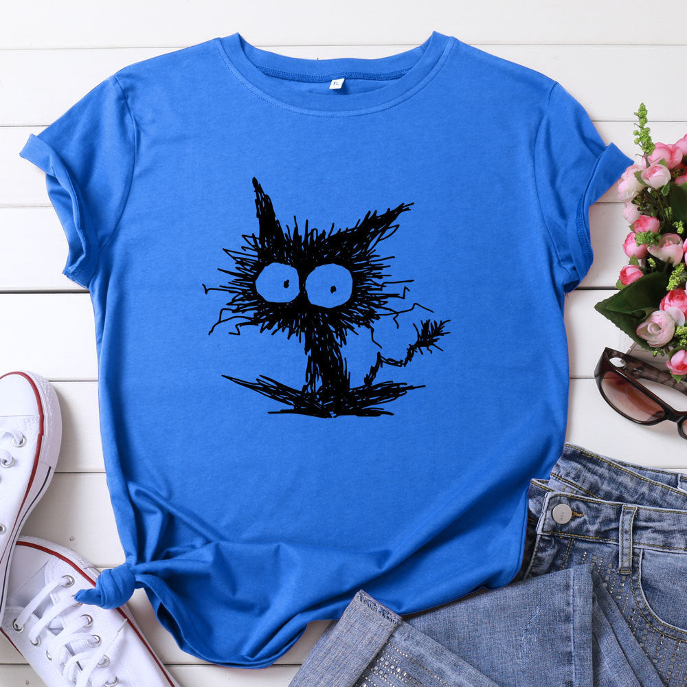 Spot Amazon Ebay European And American Fashion Cross-border Hot Sale Cat Printing Casual Cotton Short Sleeve T-shirt Women's Clothing