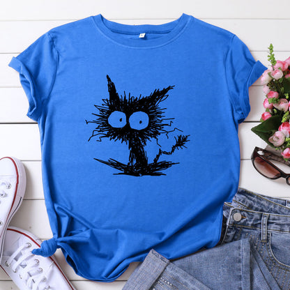 Spot Amazon Ebay European And American Fashion Cross-border Hot Sale Cat Printing Casual Cotton Short Sleeve T-shirt Women's Clothing