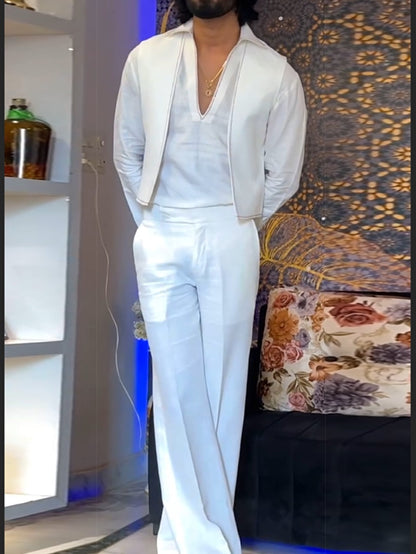 White Three - Piece Outfit-V - Neck Inner Shirt & Sleeveless Vest & Trousers