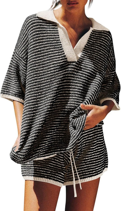 Loose Knitted Top High Waist Knit Shorts Suit