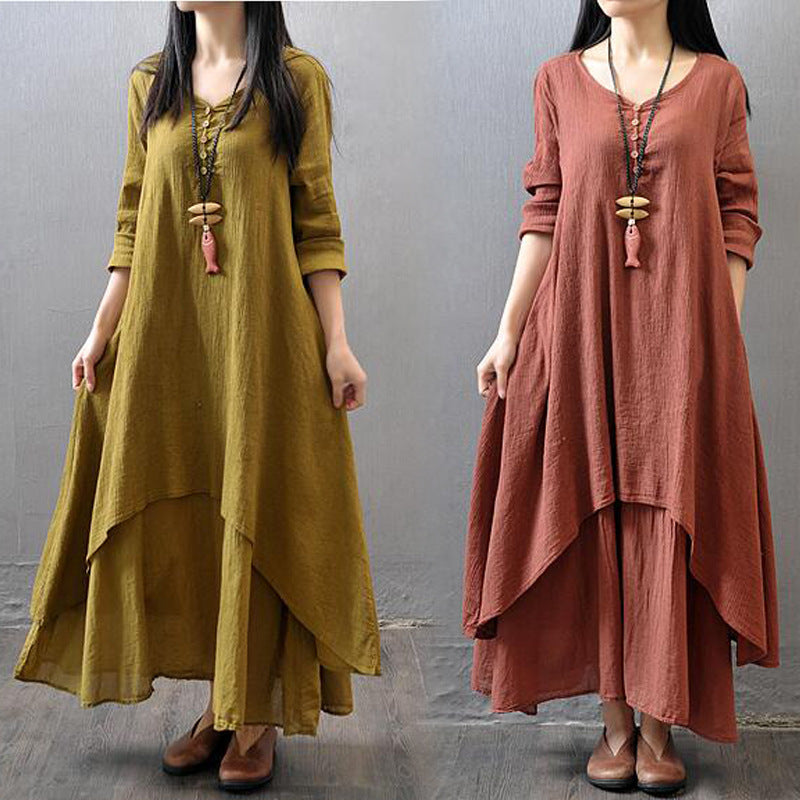 Loose Long Sleeve Cotton And Linen Skirt