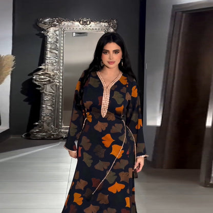 Fashion Printed Dress Ethnic Style Robe With Diamonds Containing Waist Strap