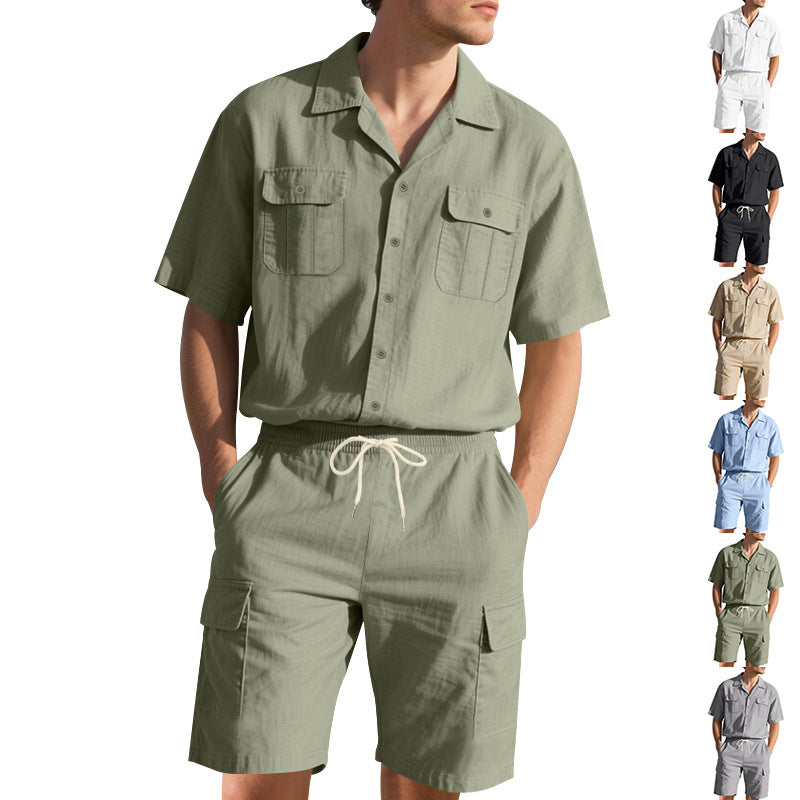 Men's Casual Solid Color Short Sleeve Shorts Suit