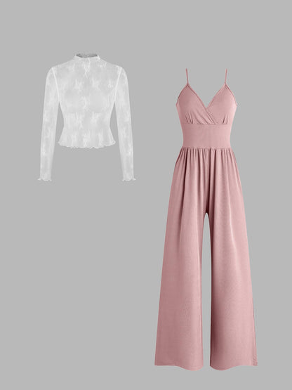 Lace Long Sleeve Sling Slim Fit Bodysuit V-neck Wide Leg Suit