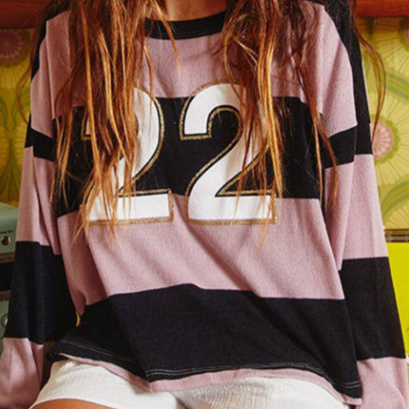 Stripe Color Block Number 22 Print Game Day Loose Long Sleeve Top