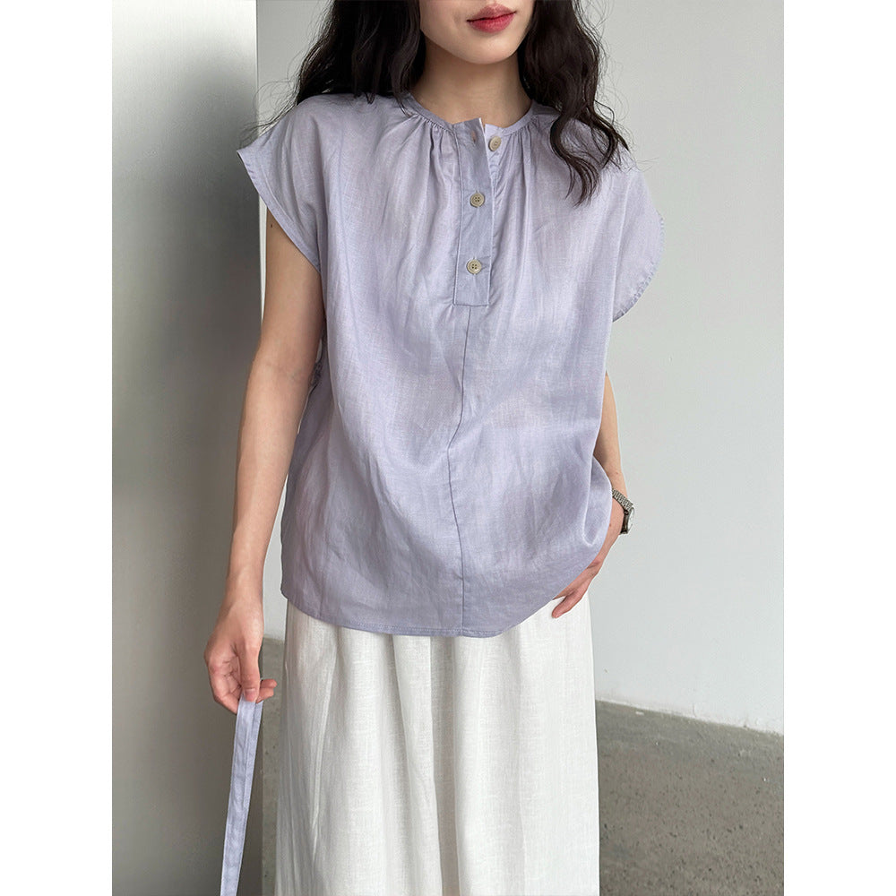 Tencel Linen Round Neck Waist Trimming Shirt For Women