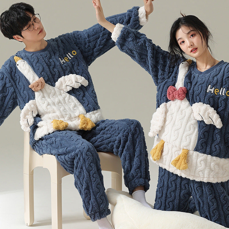 Winter Flannel Pyjamas Female Couple Thermal Cover Cute Student Men's Casual Cartoon Homewear Set Velvet