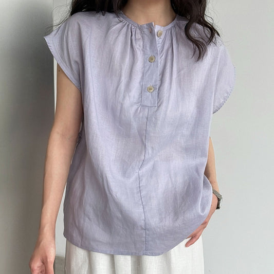 Tencel Linen Round Neck Waist Trimming Shirt For Women