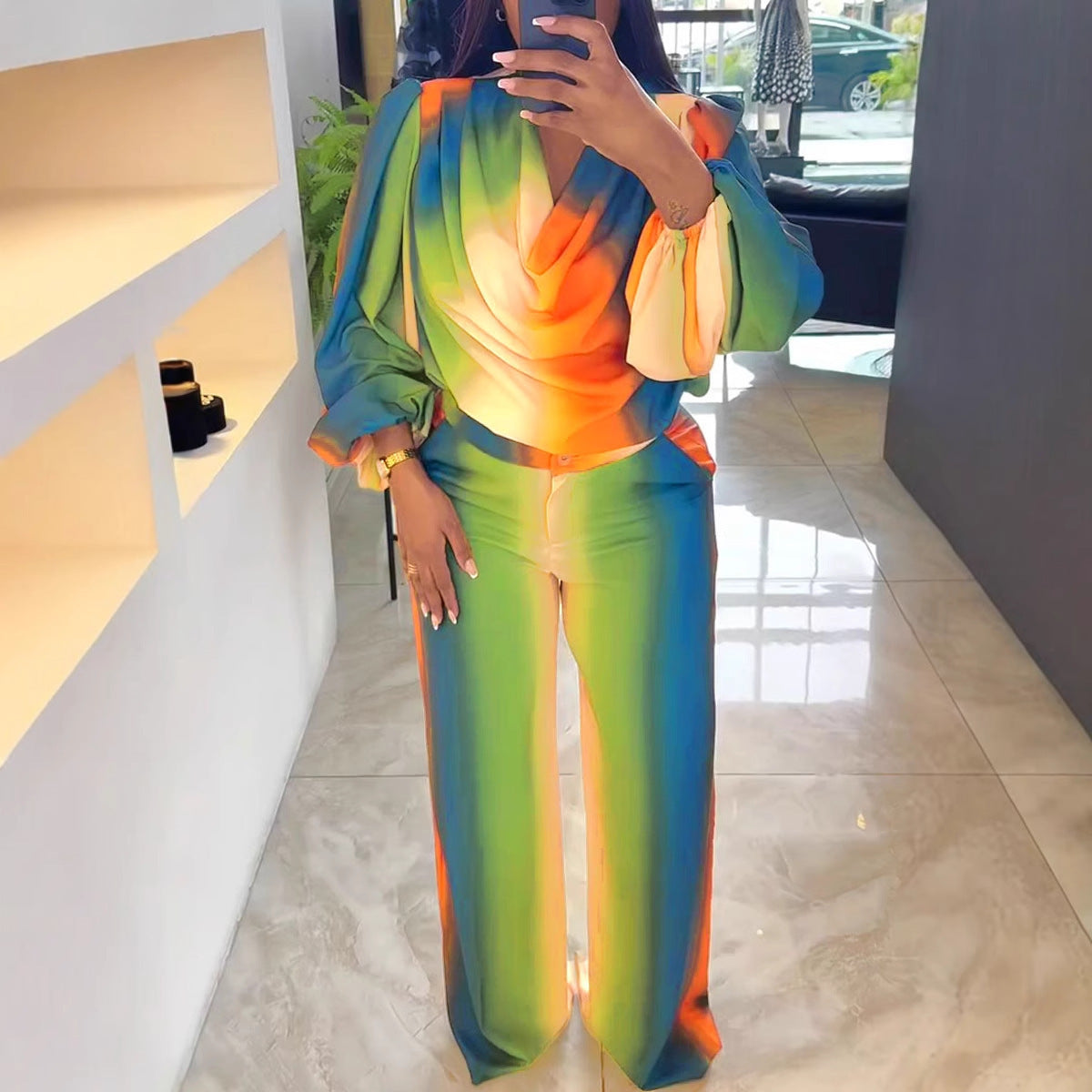 Lantern Sleeve Non-positioning Printed Swing Collar Wide Leg Pants Suit