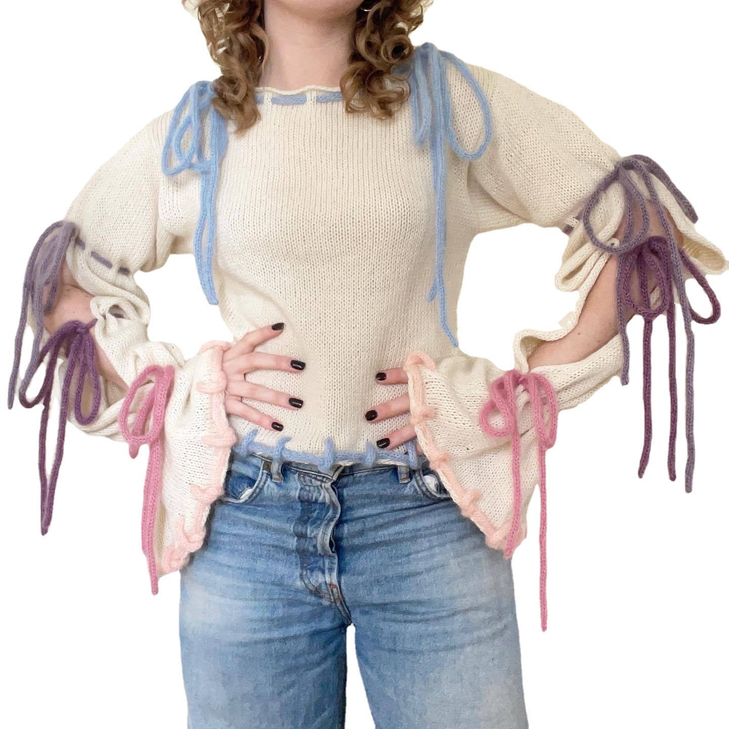 Bell Sleeve Contrast Color Slim Fit Slimming Sweater