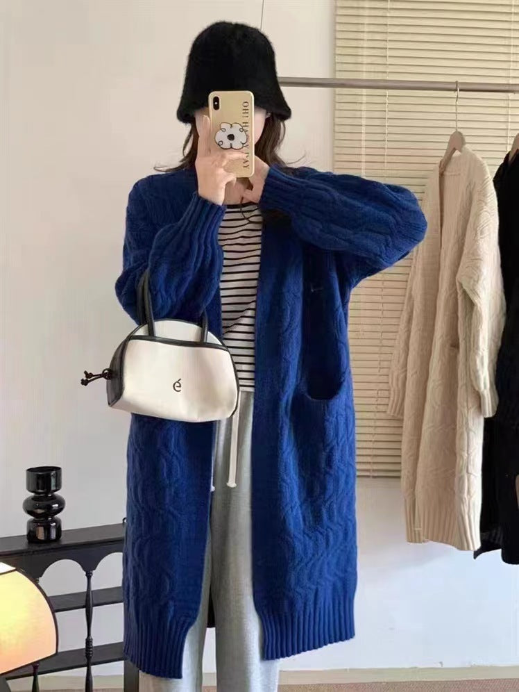 Retro Thickened Knitting Mid-length Outerwear Cable-knit Sweater Coat