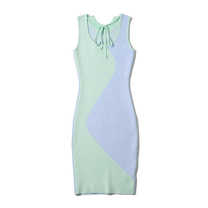 Contrasting Color Design Sleeveless Dress Feminine Temperament Commuting Lightly Cooked Style Hip Skirt