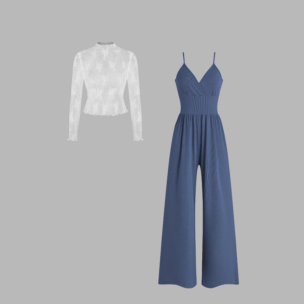 Lace Long Sleeve Sling Slim Fit Bodysuit V-neck Wide Leg Suit