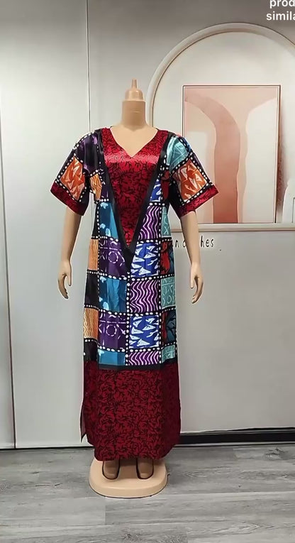 Fashion Women Printing Color Contrast Long Robe